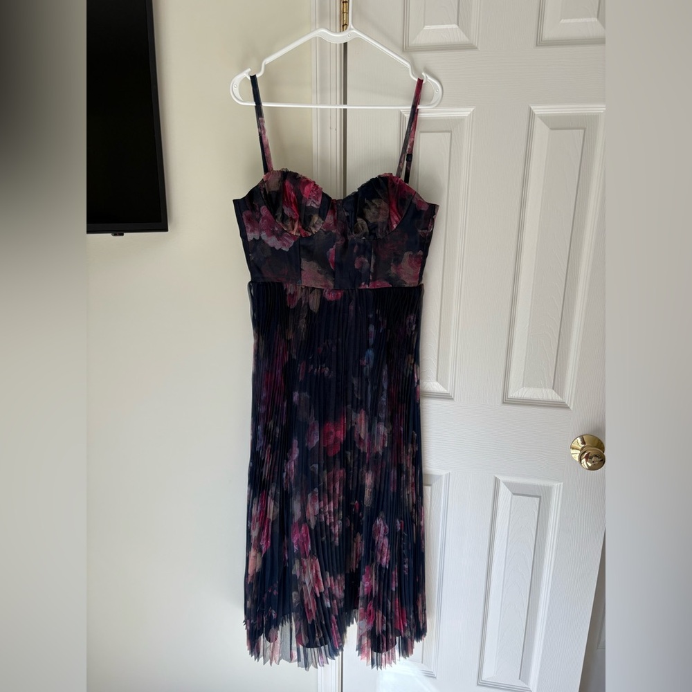 LuLus Floral Chiffon Midi Dress – Size S, Deep Purple & Black, Worn Once